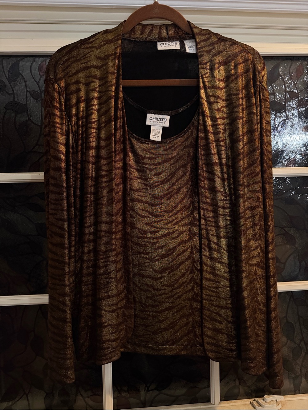 Chico's Metallic Bronze Animal-Print Knit Top & Cardigan Set size Large
